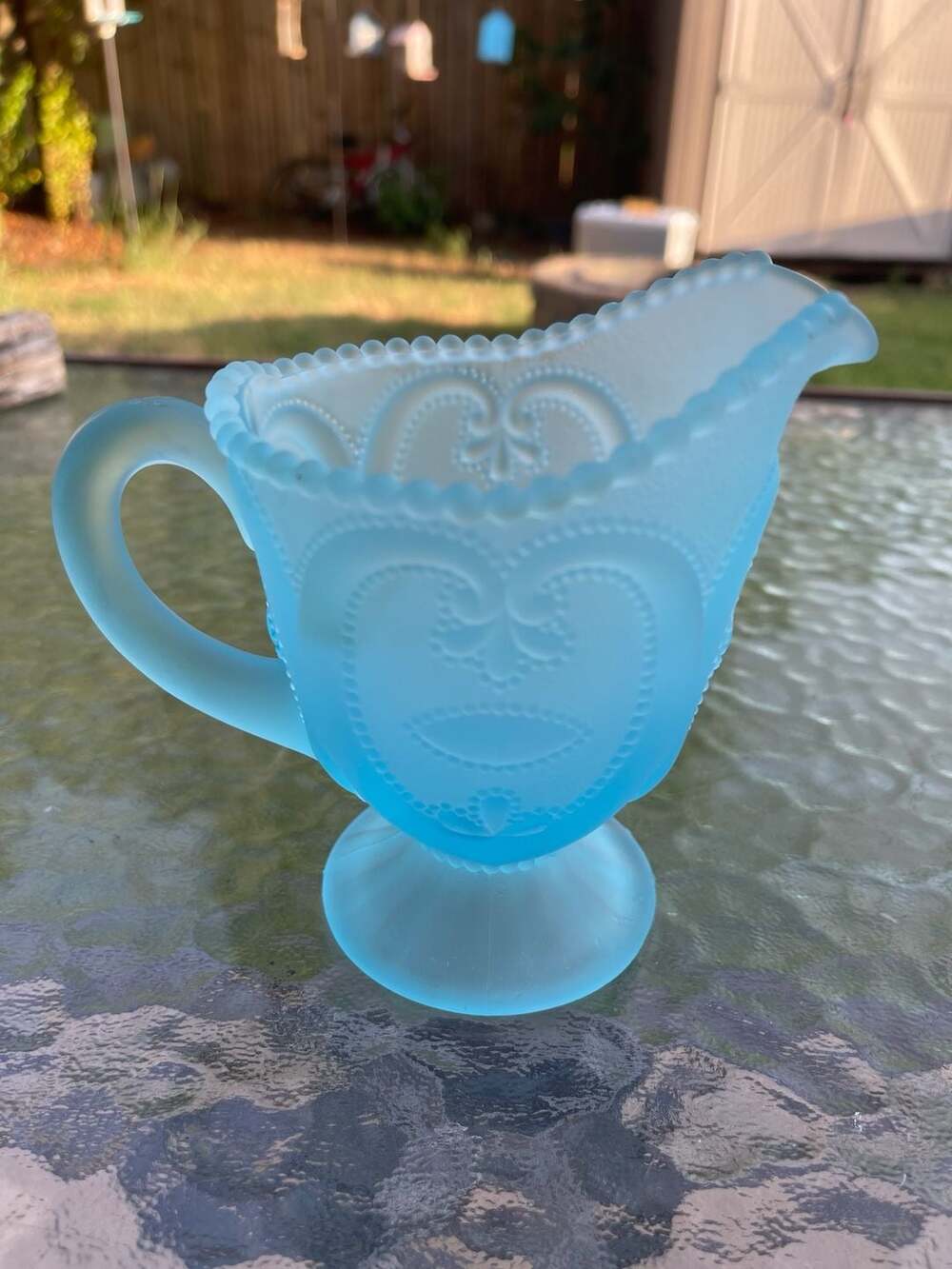 Vintage Dugan Jeweled Heart Blue Opalescent Glass Creamer